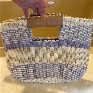 Woven Straw Tote with Lavender Accent and Tan Handle